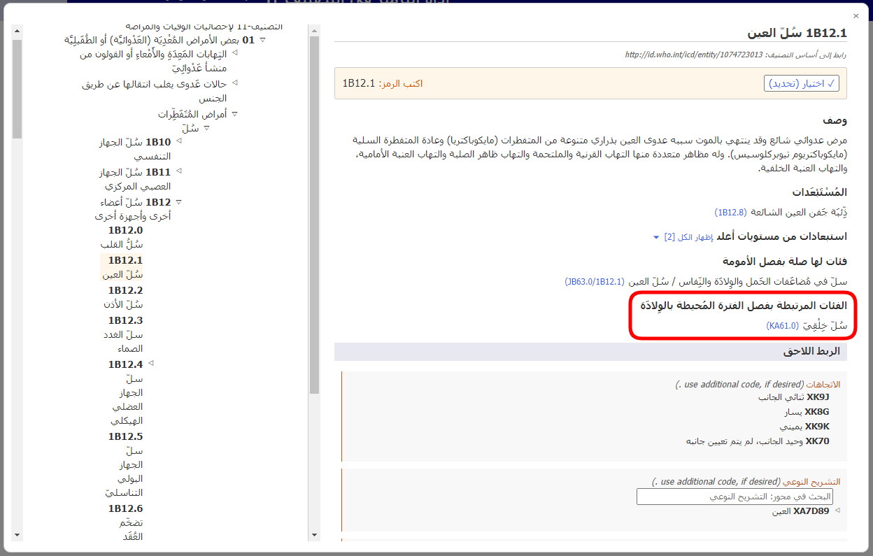 لقطة شاشة لمثال على الفئات المرتبطة بفصل الفترة المحيطة بالولادة في أداة الترميز