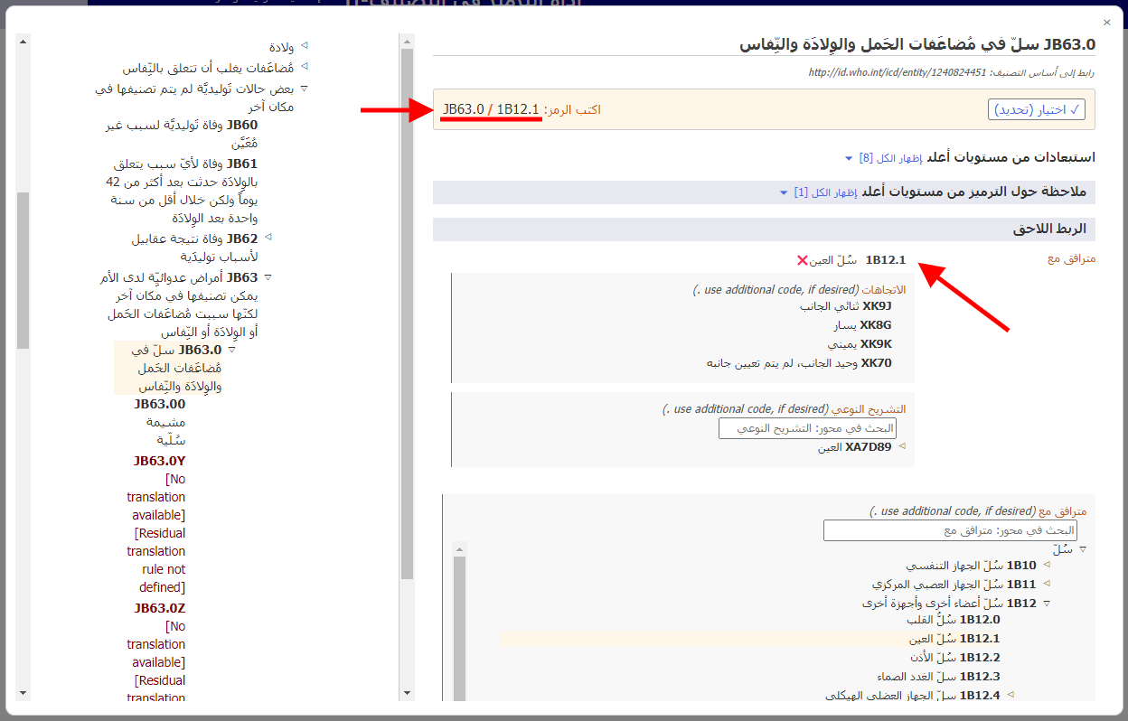 لقطة شاشة لمثال على الفئات ذات الصلة في الفصل المعني بالأمهات في أداة الترميز