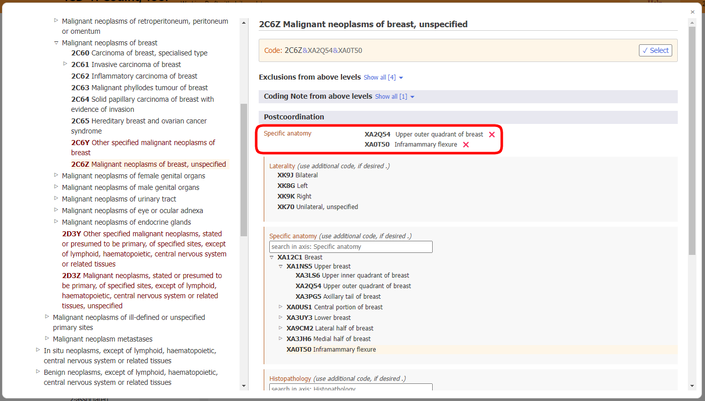 screenshot of Coding Tool postcoordination multiple values from the same axis