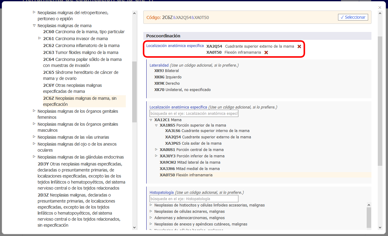 screenshot of Coding Tool postcoordination multiple values from the same axis