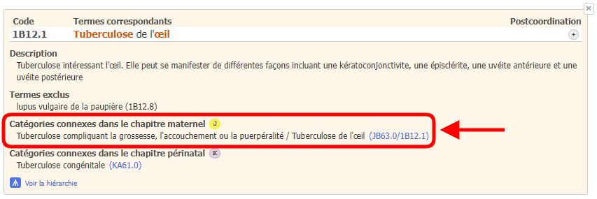 capture d'écran du lien de l'outil de codage pour les catégories connexes dans le chapitre maternité