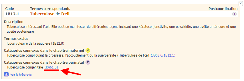 capture d'écran du lien de l'outil de codage pour les catégories connexes dans le lien du chapitre périnatal