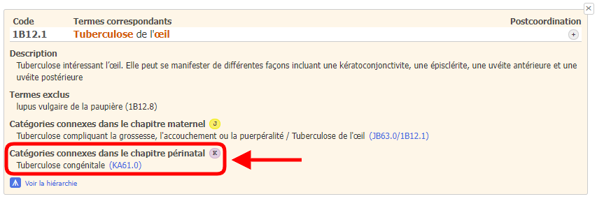 capture d'écran du lien de l'outil de codage pour les catégories connexes dans le chapitre périnatal