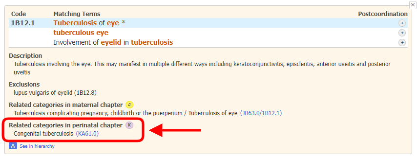 screenshot of Coding Tool link for related categories in perinatal chapter