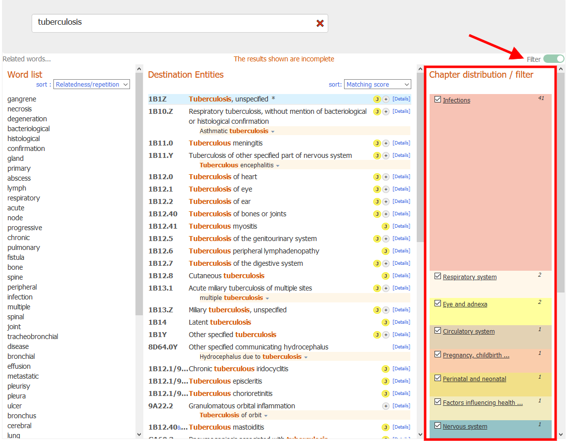 screenshot of Coding Tool chapter filter opened