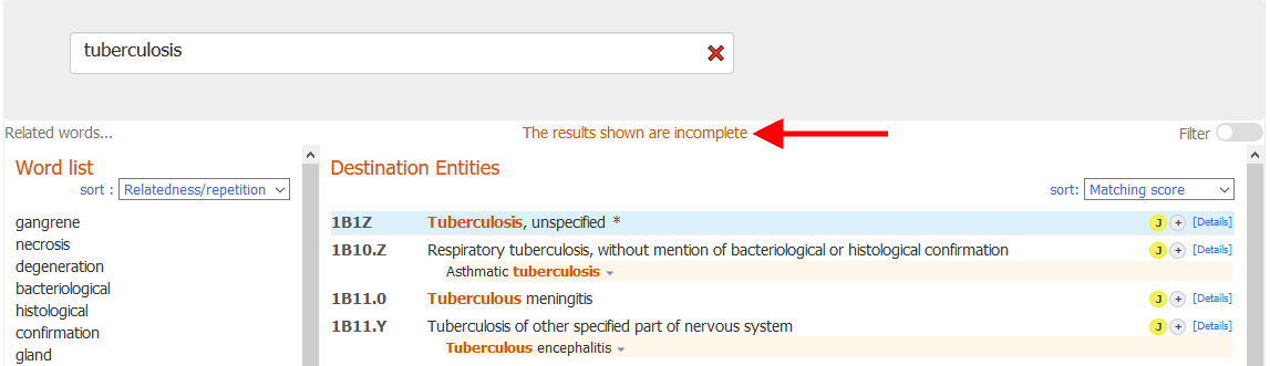 screenshot of Coding Tool when the results shown are incomplete