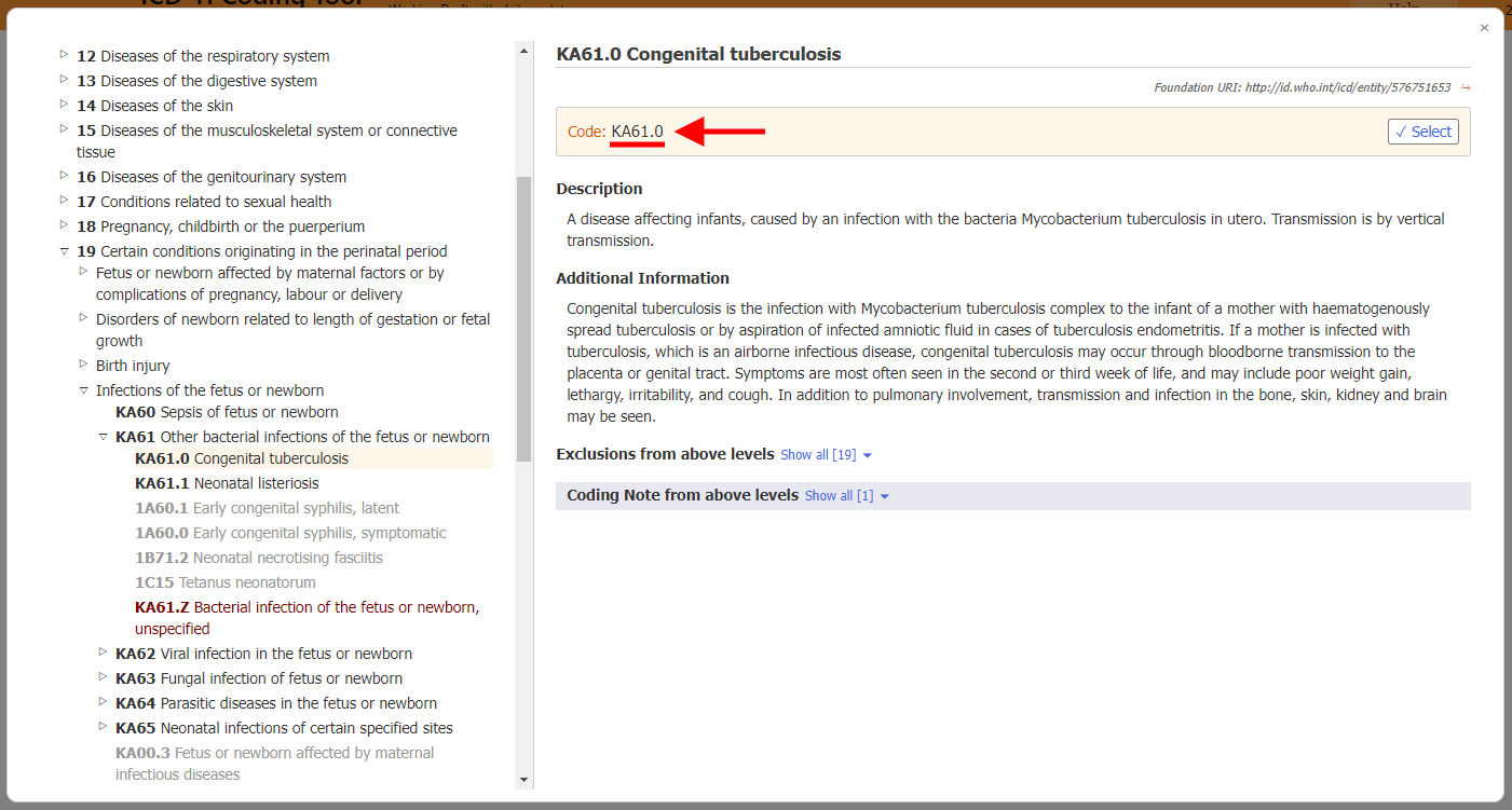 screenshot of Coding Tool for related categories in perinatal chapter example