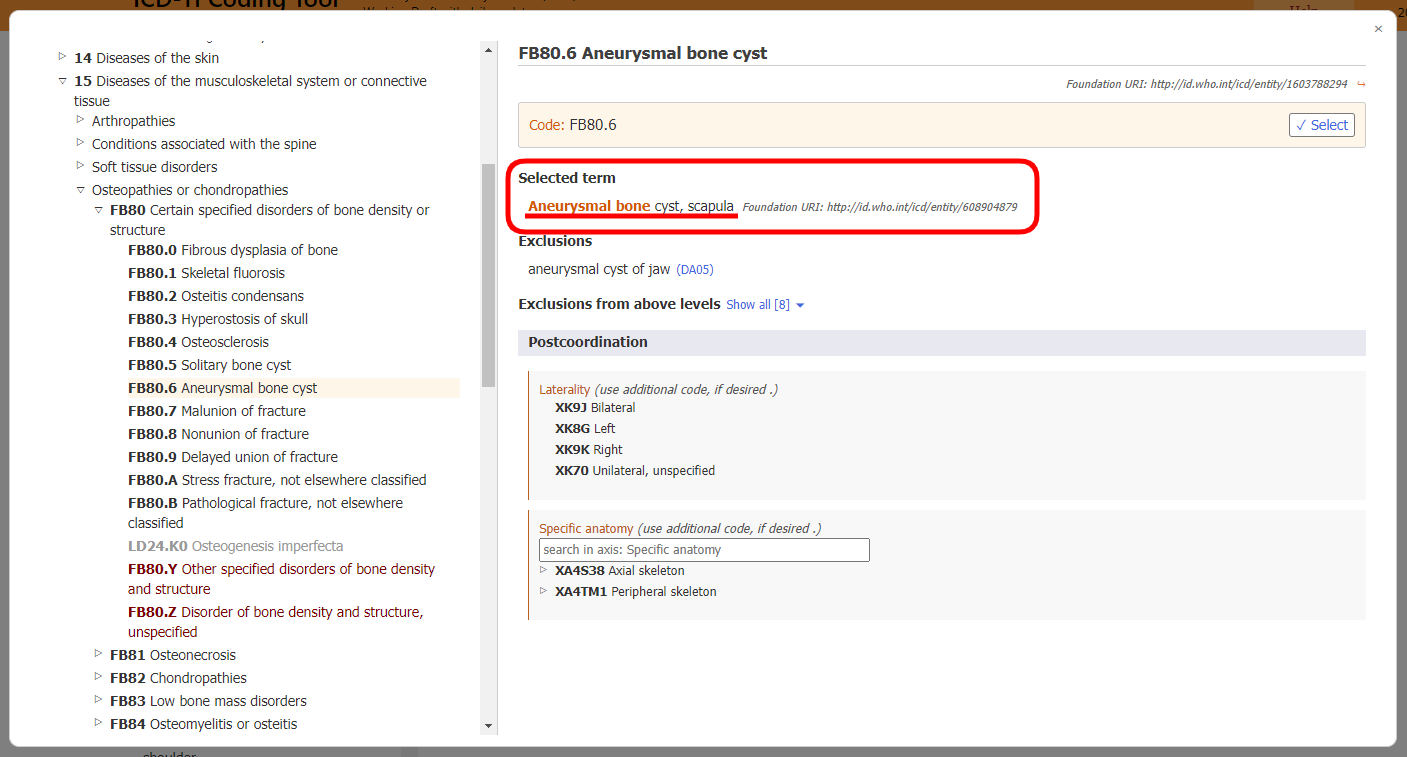 screenshot of Coding Tool postcoordination selected term in browser