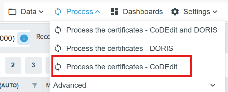 Process menu CODEDIT